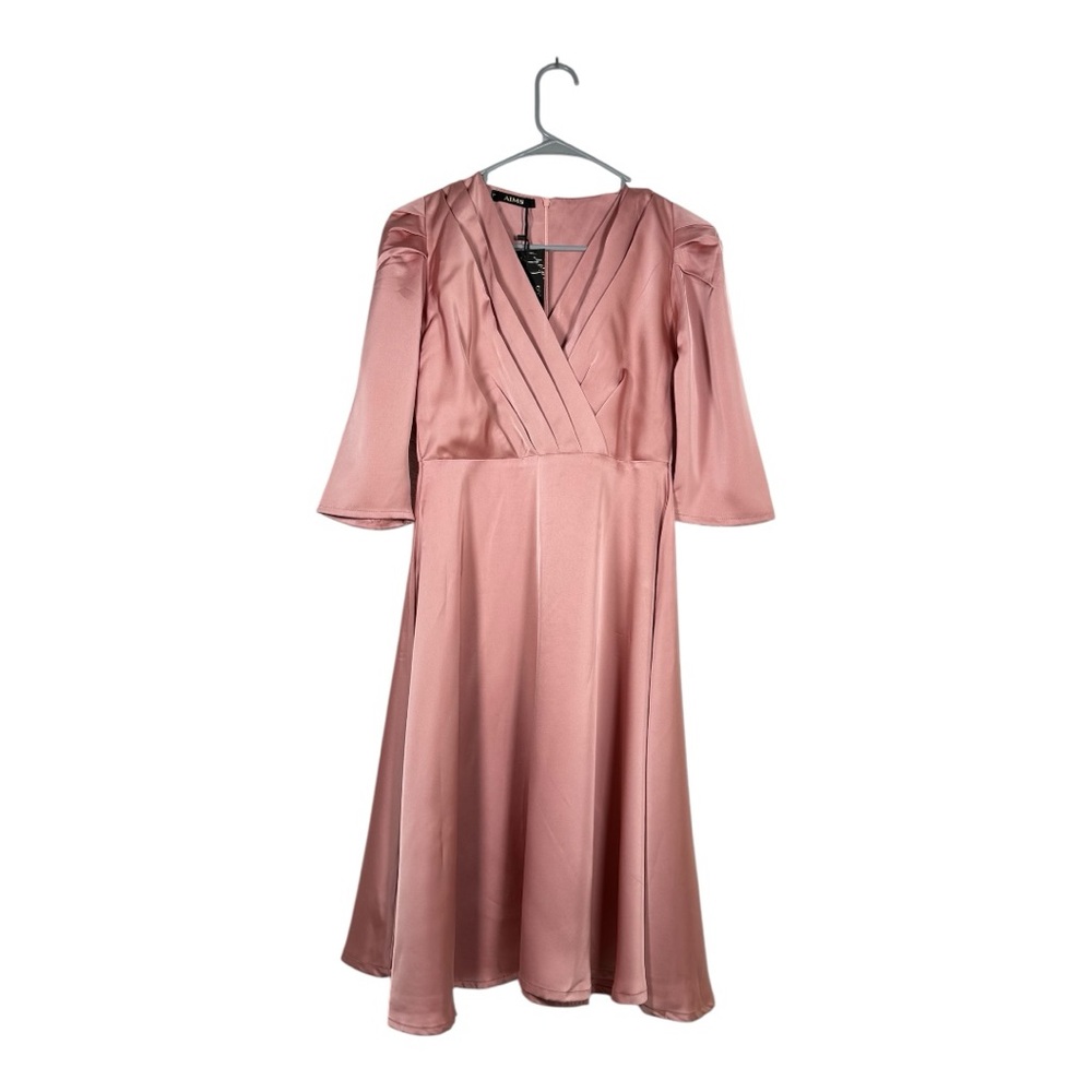 NWT Pink Large Midi Dress V-Neck 3/4 Sleeve Elegant Party Wedding Back Zipper